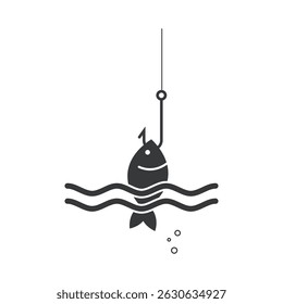 Isolated pictogram sign of fishing hook, strike fish on open water, river, sea, lake, pool
