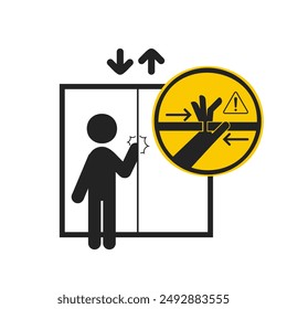 Isolated pictogram sign hand pinched by closing door, for elevator or lift safety sign