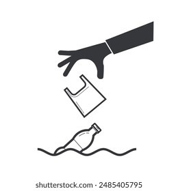 Isolated pictogram sign littering trash on water, hand throw plastic bag on polluted river illustration