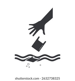 Isolated pictogram sign littering trash on water, hand throw plastic bag on polluted river illustration