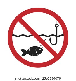 Isolated pictogram sign of prohibited fishing, featuring a red crossed circle over a fishing pictogram
