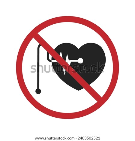 Isolated pictogram sign of restriction pacemaker, do not use pacemaker in red crossed out round sign with pulse heart beat