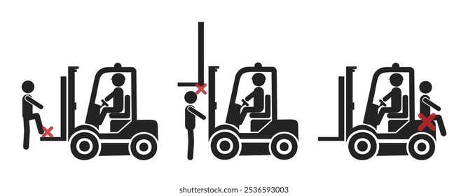 Isolated pictogram sign of safety industrial sign of do not ride on back and front of a forklift, forklift injury safety label