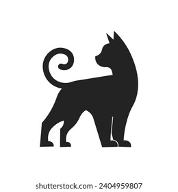 Isolated pictogram silhouette of a black cat standing face backward with round tail 