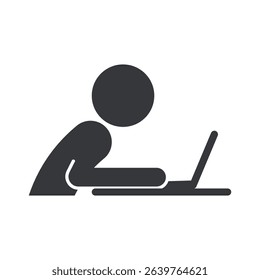 Isolated pictogram silhouette icon of a person working on a laptop at a desk, symbolizing remote work or office activity