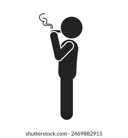 Isolated pictogram standing stick figure smoking cigarette with smoke, for smoke sign label