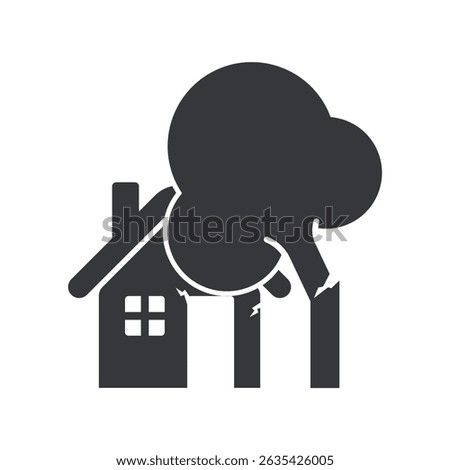 Isolated pictogram of tree falling on house, representing storm aftermath, natural disaster damage, and safety awareness icon.