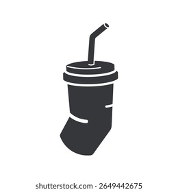 Isolated pictogram of a used drink cup with straw, crumpled and discarded, representing trash symbol, recycling sign, and waste awareness