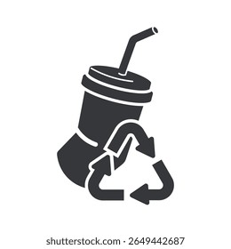 Isolated pictogram of a used drink cup with straw, crumpled and discarded, representing trash symbol, recycling sign, and waste awareness