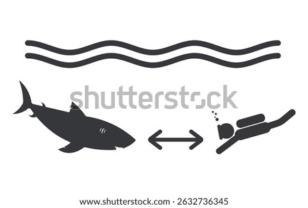 Isolated pictogram warning divers to keep safe distance from sharks, icon danger and underwater safety awareness