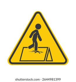 Pictograma isolado de aviso de superfície frágil do telhado, alertando os trabalhadores para usar proteção de arnês corporais em áreas finas e quebráveis