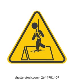 Pictograma isolado de aviso de superfície frágil do telhado, alertando os trabalhadores para usar proteção de arnês corporais em áreas finas e quebráveis