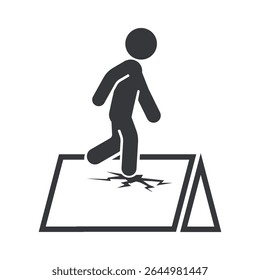 Isolated pictogram warning of fragile roof surface, cautioning workers to use body harness protection on thin and breakable areas
