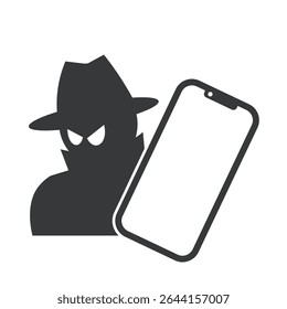 Isolated pictogram warning of internet data leaks, cyber crime, phone hacking, and scam threats through digital or mobile communication platform