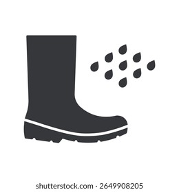 Pictograma isolado de botas impermeáveis com gotas de chuva, simbolizando a proteção dos pés durante a estação chuvosa, calçado de segurança para condições úmidas e adversas.