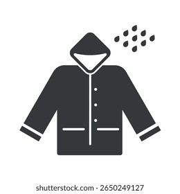 Pictograma isolado de uma capa de chuva impermeável com gotas de chuva, simbolizando a proteção durante a estação chuvosa e a segurança contra condições climáticas úmidas.