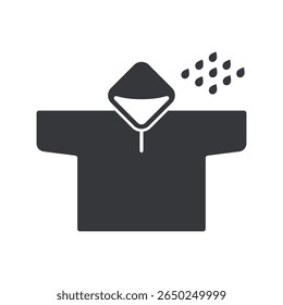 Pictograma isolado de uma capa de chuva impermeável com gotas de chuva, simbolizando a proteção durante a estação chuvosa e a segurança contra condições climáticas úmidas.