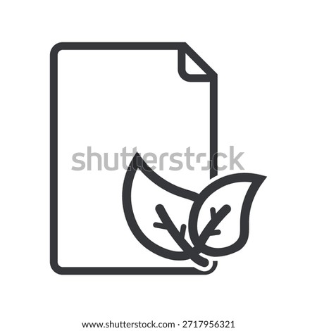 Isolated pictogram of a white paper sheet with leaves icon, representing recyclable paper waste and eco-friendly sustainable material usage.