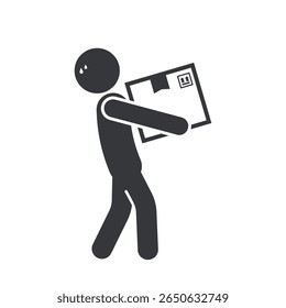 Pictograma isolado de um trabalhador que levanta uma caixa de papelão pesada, simbolizando a precaução para pacotes pesados e fadiga ou tensão do trabalhador.