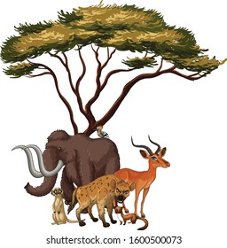 Isolated picture of animals under the tree illustration
