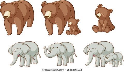 Isolated picture of bears and elephants illustration