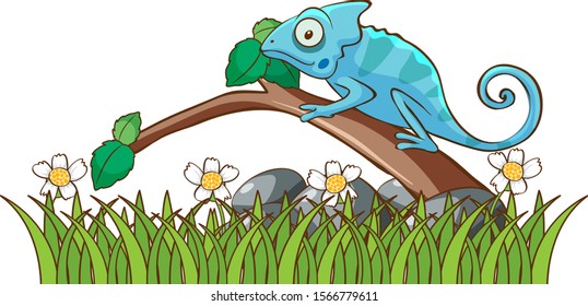 Isolated picture of cameleon on branch illustration