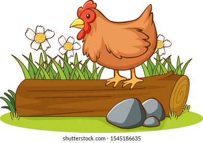 Isolated picture of chicken on log illustration