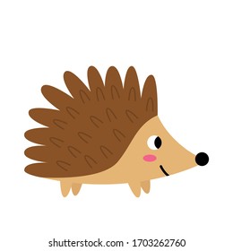 Isolated picture of cute cartoon hedgehog on white background. Forest animal.