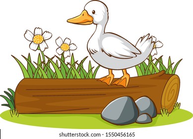 Isolated picture of duck on the log illustration