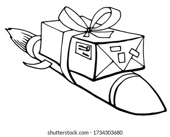 An isolated picture of express delivery on a rocket was made manually using graphic technology