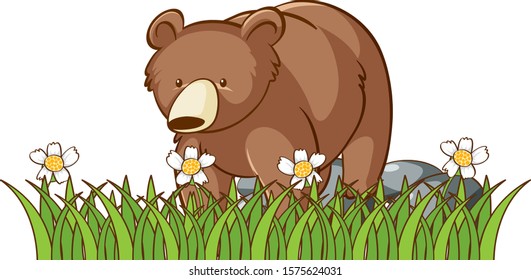 Isolated picture of grizzly bear in garden illustration