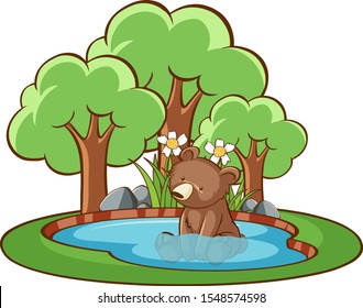 Isolated picture of little bear in the pond illustration