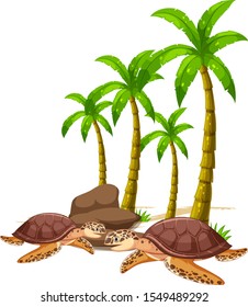 Isolated picture of sea turtles and tree illustration