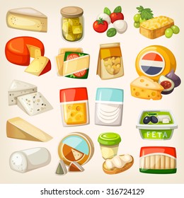 Isolated pictures of most popular kinds of cheese in packaging. Slices and pieces of cheese and some products to use them with.