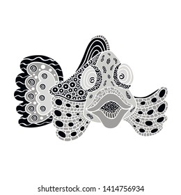 Isolated pictures of underwater creature. fish in full face. decorative illustration of a fish. line drawing. A colorful magic fish painting. Fish in full face, line drawing. silhouette of  in gray