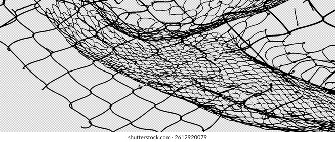 Isolated piece of broken wire mesh with ripped holes and damaged chainlinks on a grunge background symbolizing freedom and security in an industrial and abstract design.