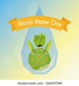 an isolated piece of landscape with flowers and trees on a drop of water
