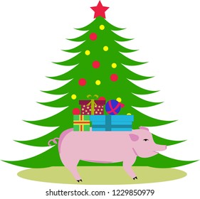 isolated pig with gifts on his back is standing at the Christmas tree