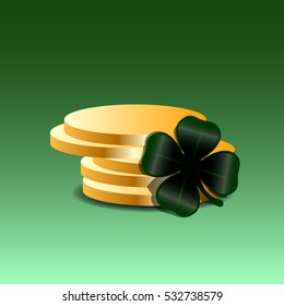 Isolated pile of golden coins with a clover, Patrick's day vector illustration