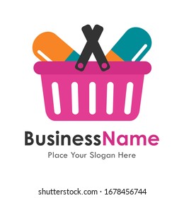 Isolated pill with basket vector logo template. Suitable for business, web, healthy, pharmacy, web and design