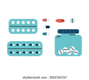 Isolated pill and vitamin set - drug blister pack, glass jar with loose capsules in flat cartoon style on white background. Vector illustration of medicine pills.
