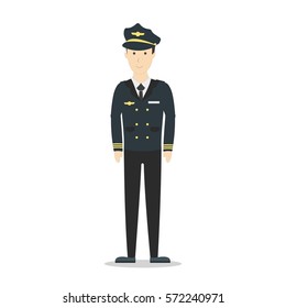 Isolated pilot on white background. Smiling funny pilot in flying uniform.