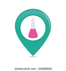 Isolated pin with a flask of nail polish on a white background