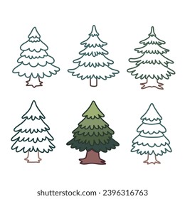 Pino aislado sobre el fondo blanco. Siluetas de pino. Elementos de Navidad. página de color