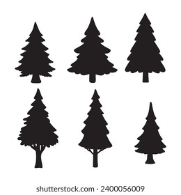 Isolated Pine on the white background. Pine silhouettes. Christmas elements. Vector illustration. Design, packaging, wallpaper.