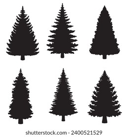 Isolated Pine on the white background. Pine silhouettes. Christmas elements. Vector illustration. Design, packaging, wallpaper.