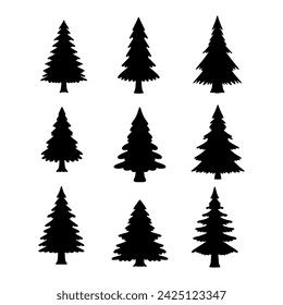 Isolated Pine on the white background. Pine silhouettes. Tree hand drawn. Vector EPS 10.	