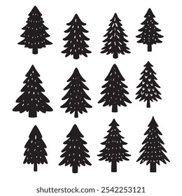 Isolated Pine on the white background. Pine silhouettes. Tree hand drawn. Vector EPS 10.	
