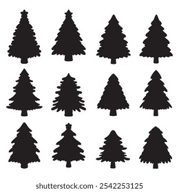 Isolated Pine on the white background. Pine silhouettes. Tree hand drawn. Vector EPS 10.	
