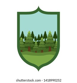 Isolated pine trees inside shield label design